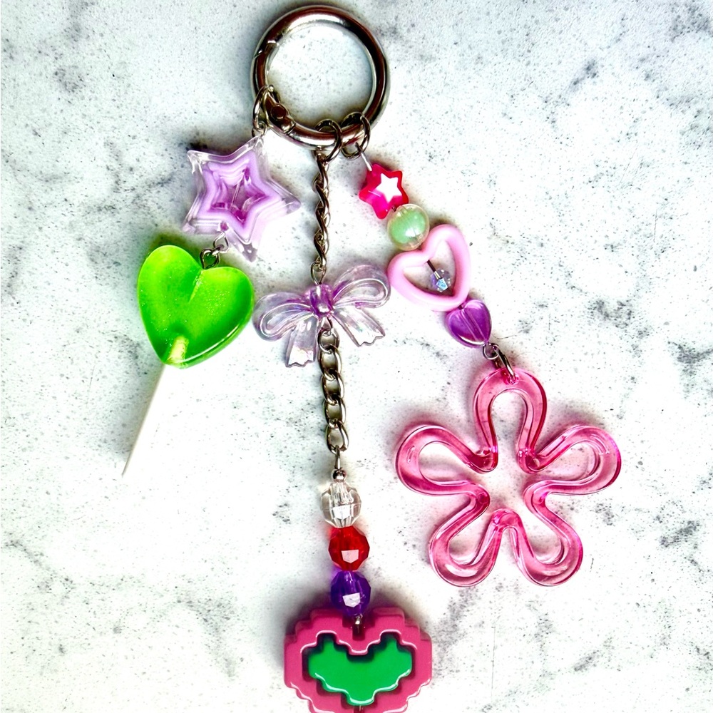 Pink & Green Charm Keychain - Cute Heart, Flower & Star Accents